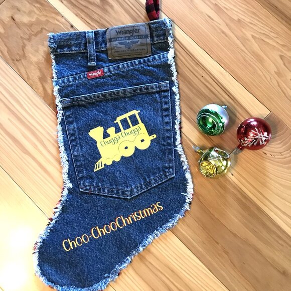 Handmade Denim Christmas Stocking w/Jean Pocket, Choo-Choo Train Graphics, S-M - Picture 2 of 9
